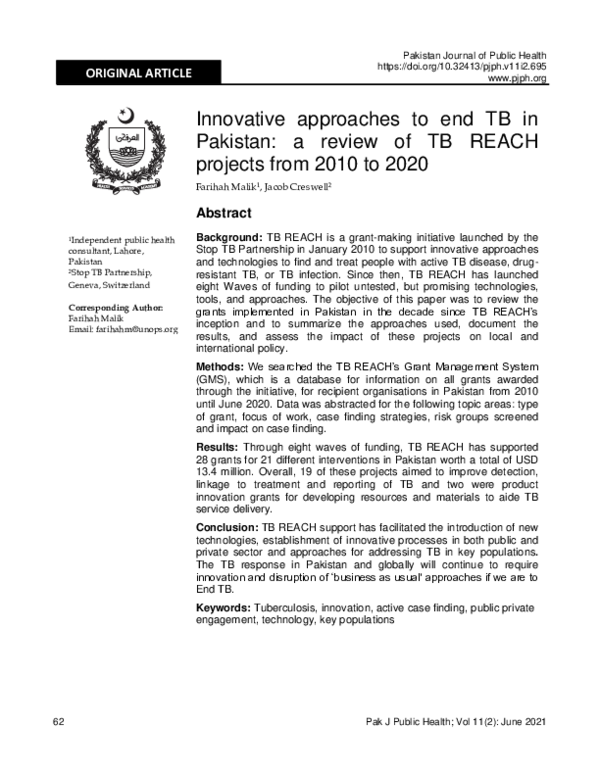 (PDF) Innovative approaches to end TB in Pakistan a review of TB REACH