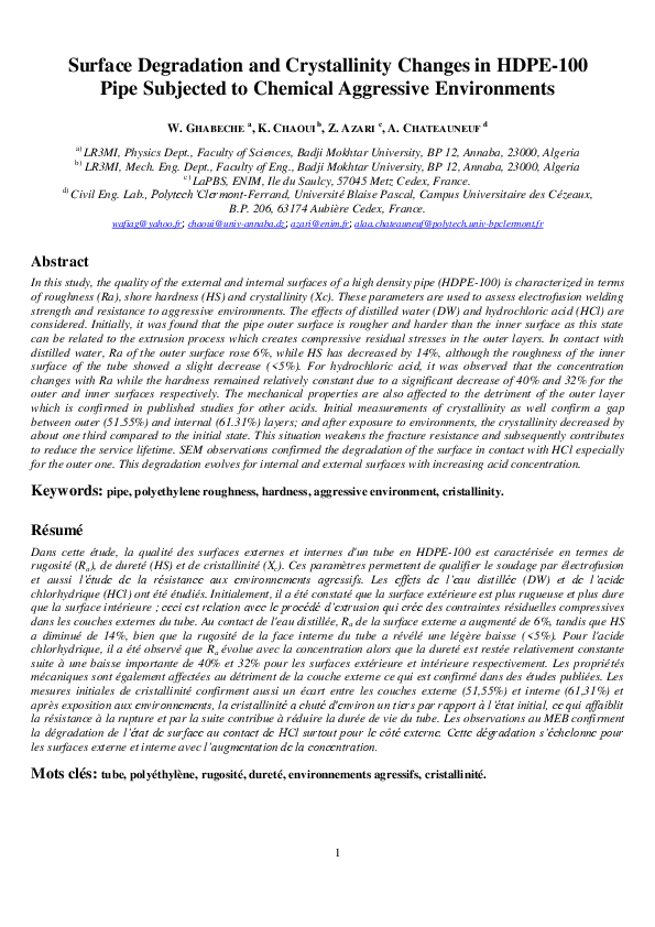 (PDF) Surface Degradation and Crystallinity Changes in HDPE-100 Pipe ...