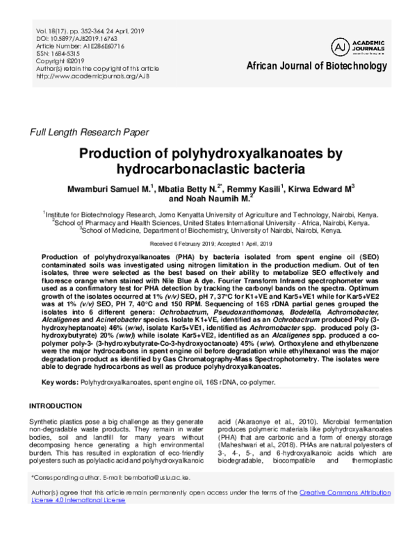 (PDF) Production of polyhydroxyalkanoates by hydrocarbonaclastic bacteria