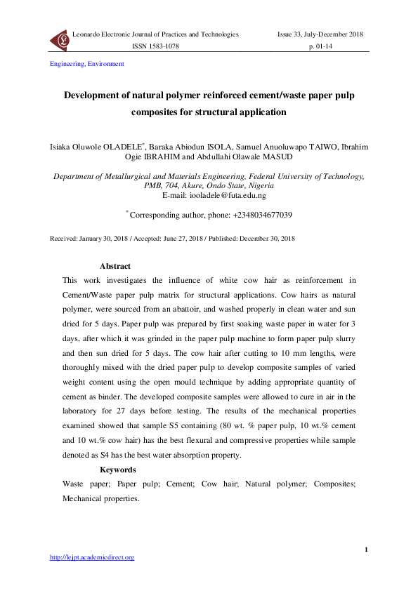 (PDF) Development of natural polymer reinforced cement/waste paper pulp ...