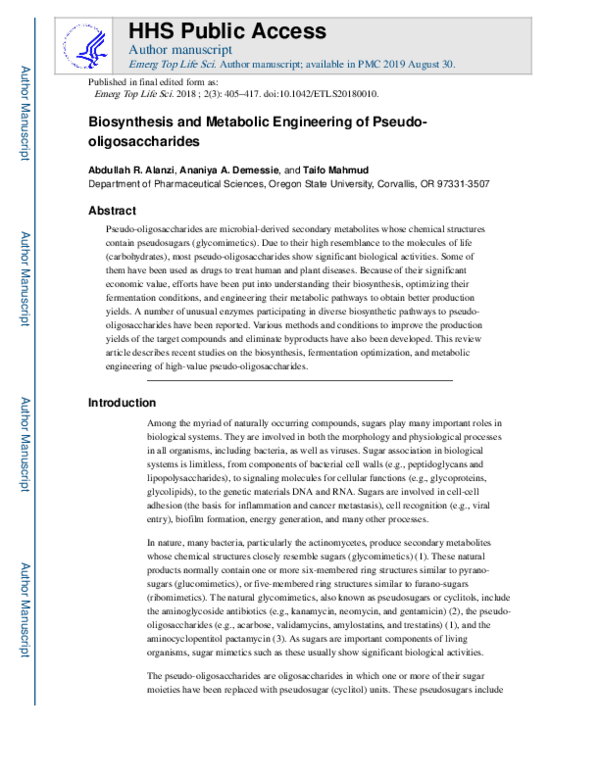 (PDF) Biosynthesis and metabolic engineering of pseudo-oligosaccharides