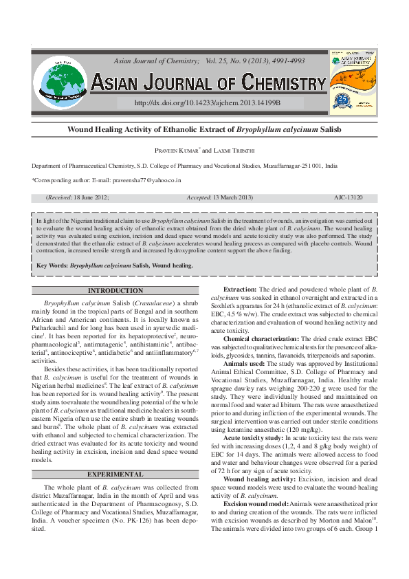 (PDF) Wound Healing Activity of Ethanolic Extract of Bryophyllum