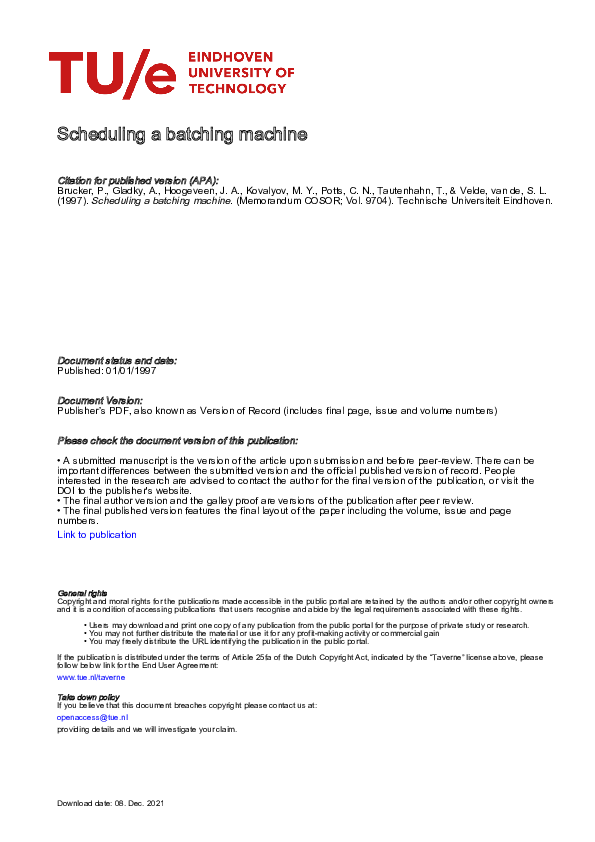 (PDF) Scheduling a batching machine