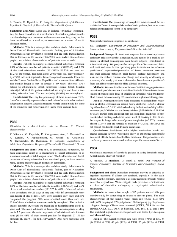 Minorities in a detoxification unit in Greece: II. Clinical characteristics