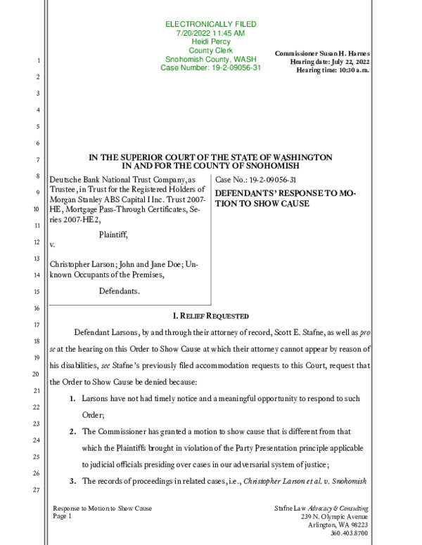 PDF) Snohomish County Washington Superior Court - Larson opposition to  Commissioner granting Deutshe Bank's request for a writ of restitution  ordering the sheriff to evict the Larson family from thier home. |