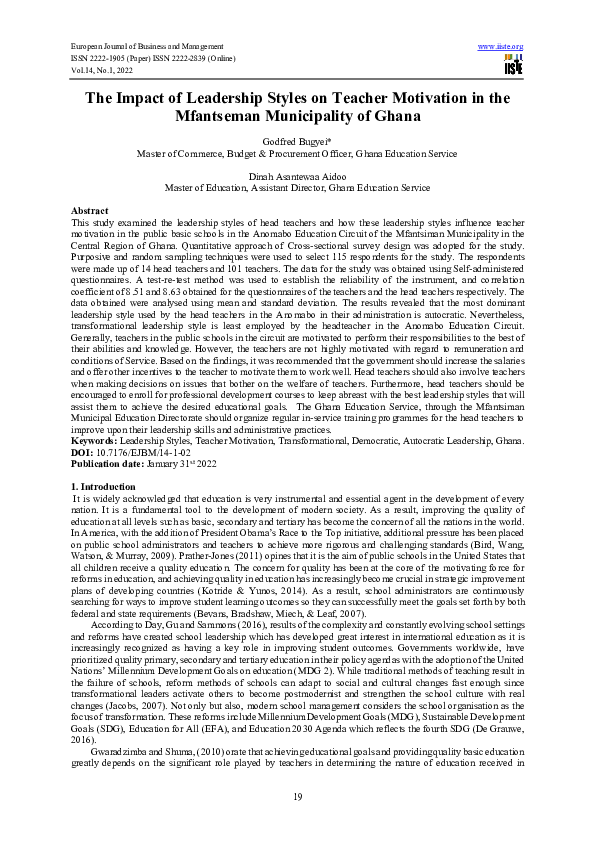 (PDF) The Impact of Leadership Styles on Teacher Motivation in the ...