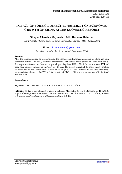 (PDF) IMPACT OF FOREIGN DIRECT INVESTMENT ON ECONOMIC GROWTH OF CHINA ...