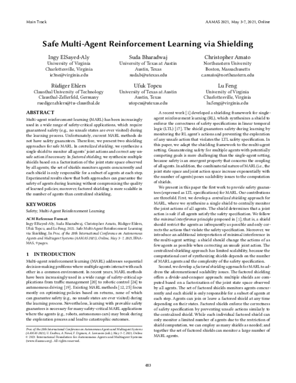 (PDF) Safe Multi-Agent Reinforcement Learning via Shielding ...