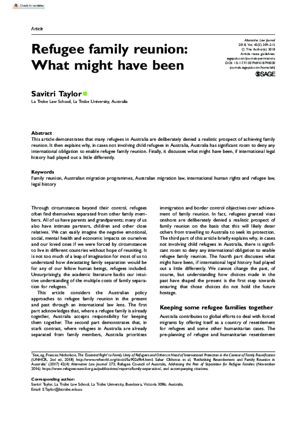 (PDF) Refugee family reunion What might have been Savitri Taylor