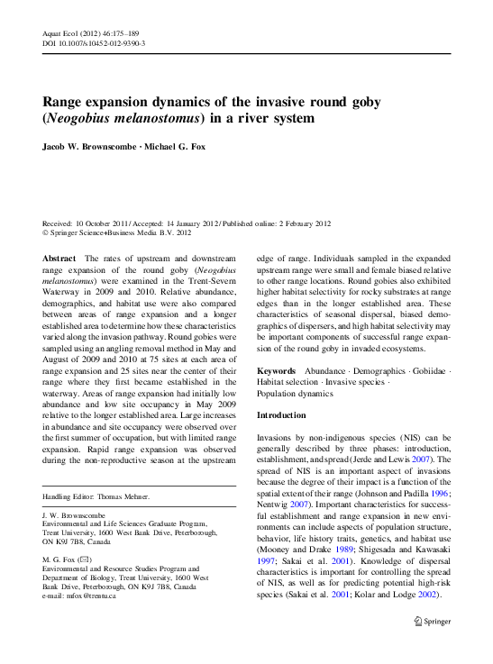 (PDF) Range expansion dynamics of the invasive round goby (Neogobius ...