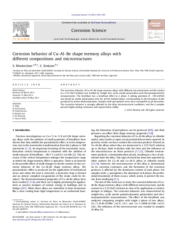(PDF) Corrosion behavior of Cu–Al–Be shape memory alloys with different ...