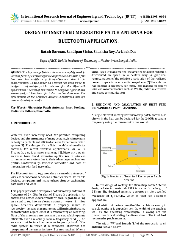  PDF Design Of Inset Feed Microstrip Patch Antenna For Bluetooth 