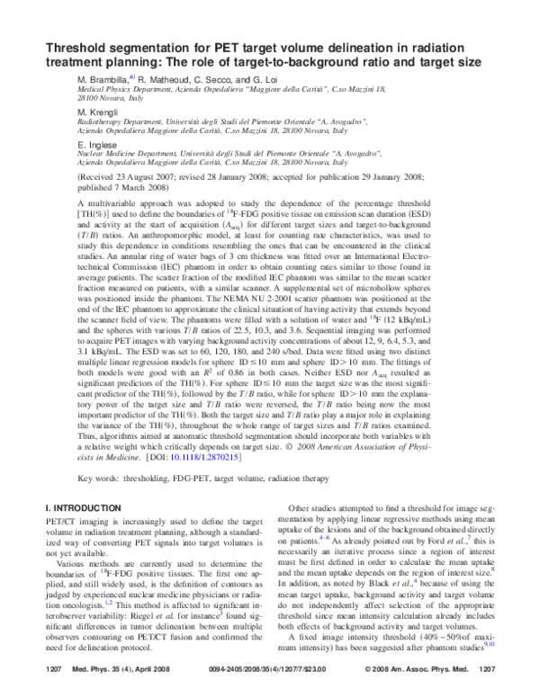 (PDF) Threshold segmentation for PET target volume delineation in ...