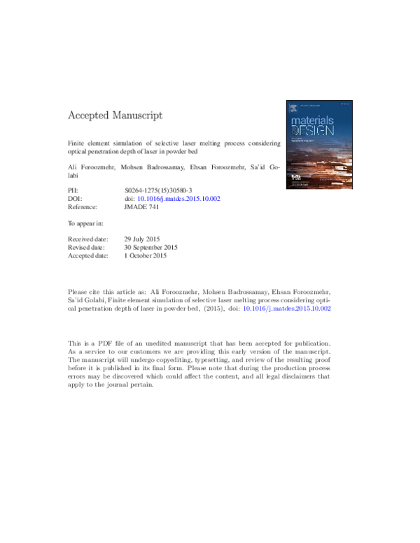 (PDF) Finite Element Simulation of Selective Laser Melting process ...