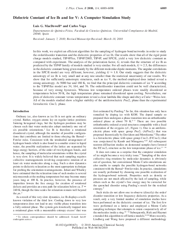 (PDF) Dielectric Constant of Ice Ih and Ice V A Computer Simulation