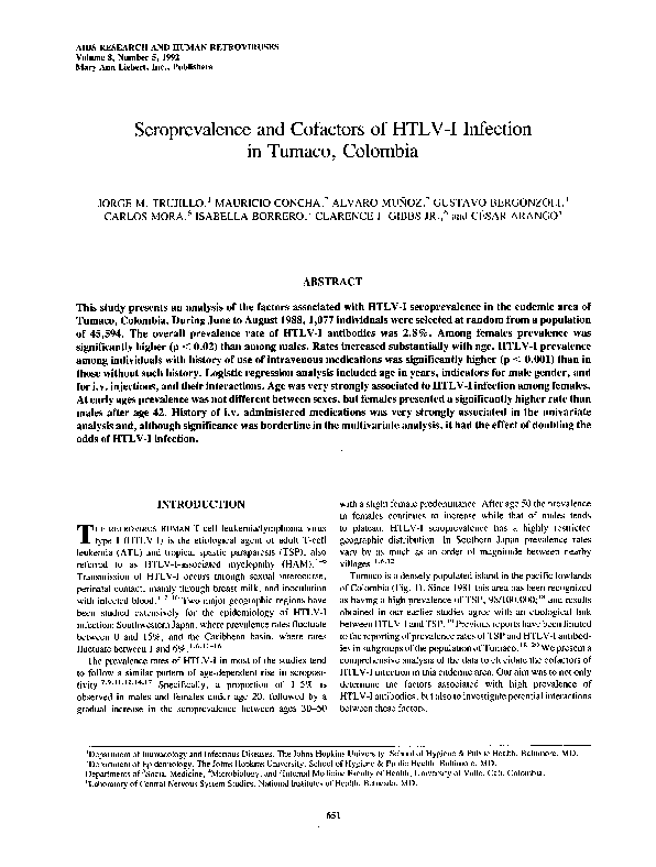 (PDF) Seroprevalence and Cofactors of HTLV-I Infection in Tumaco, Colombia