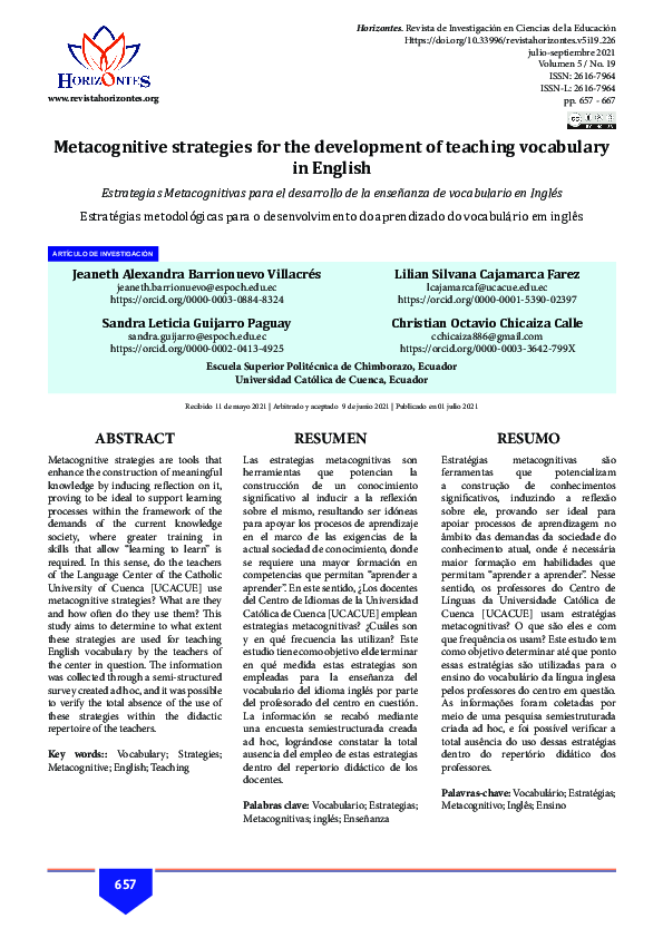 (PDF) Metacognitive strategies for the development of teaching ...