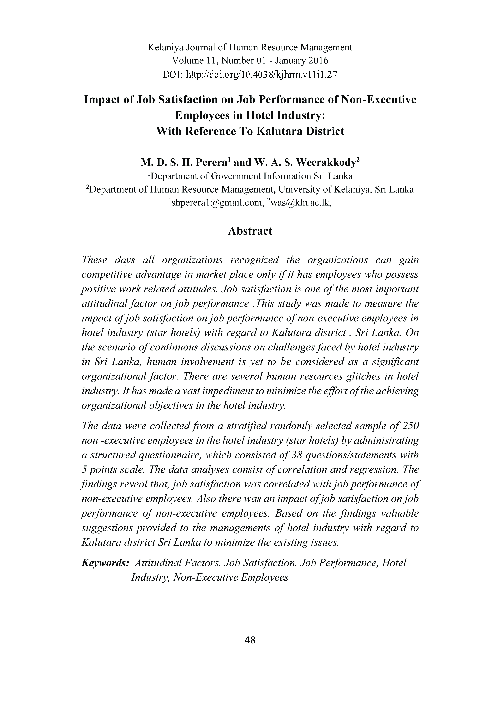(PDF) Impact of job satisfaction on job performance of non-executive ...