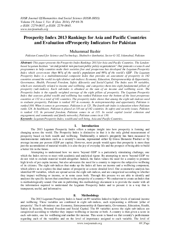 Prosperity Index 2013 Rankings for Asia and Pacific Countries and Evaluation ofProsperity Indicators for Pakistan