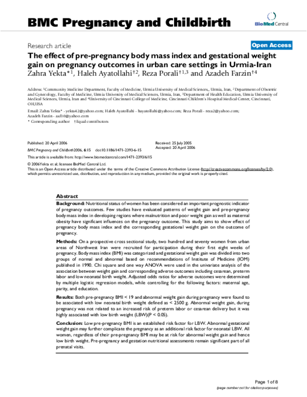 (PDF) The effect of prepregnancy body mass index and gestational