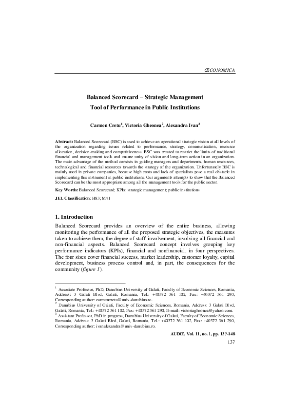 (PDF) Balanced Scorecard – Strategic Management Tool of Performance in ...