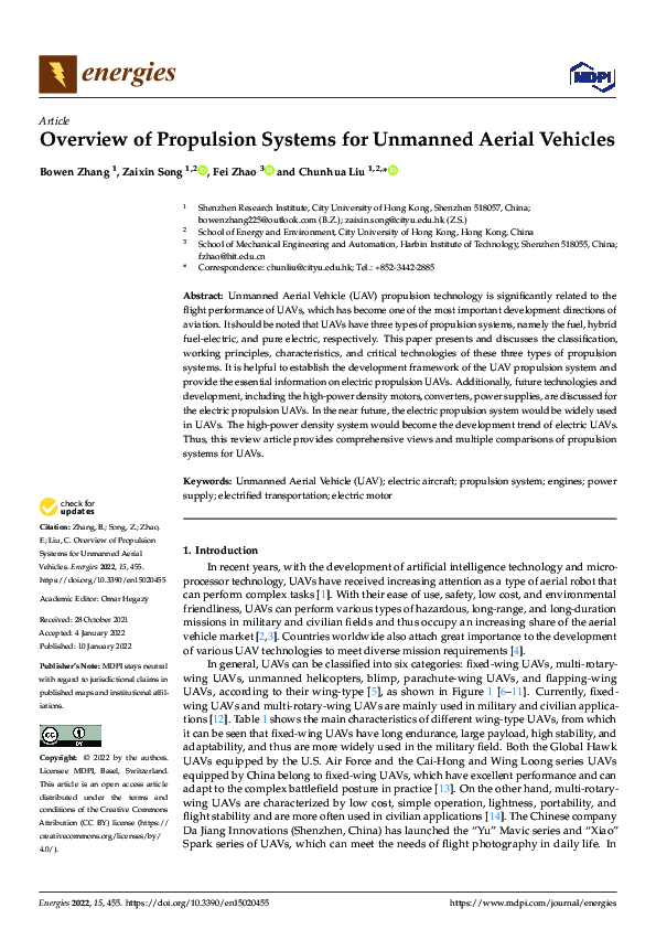 (PDF) Overview of Propulsion Systems for Unmanned Aerial Vehicles