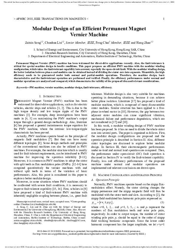 (PDF) Modular Design of an Efficient Permanent Magnet Vernier Machine