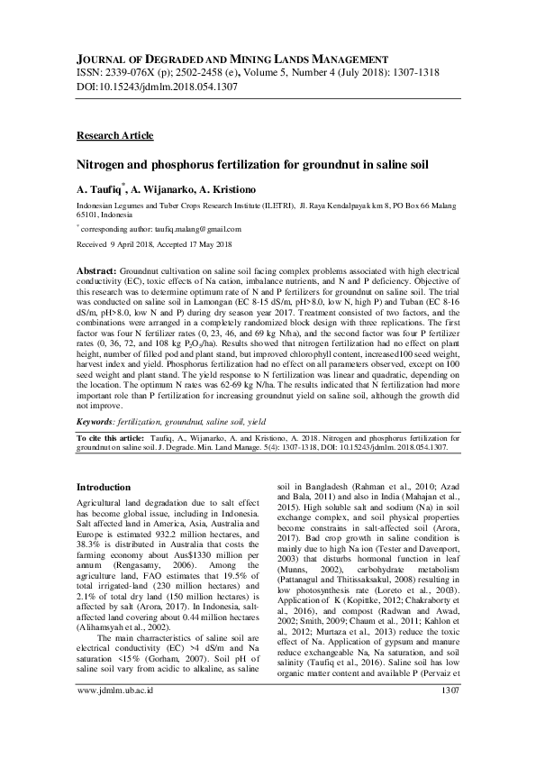 (PDF) Nitrogen and phosphorus fertilization for groundnut in saline soil