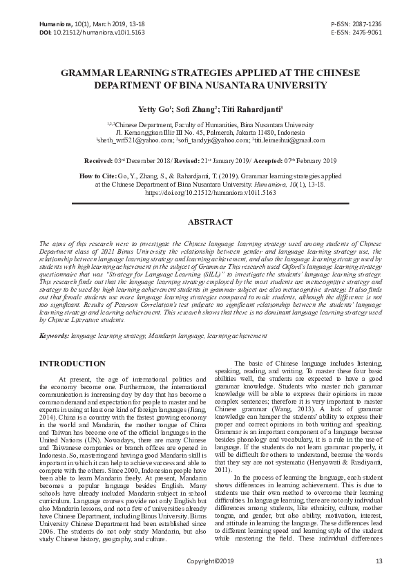 (PDF) Grammar Learning Strategies Applied at the Chinese Department of ...