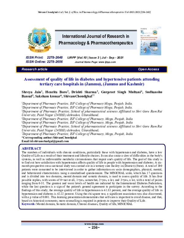 (PDF) Assessment of quality of life in diabetes and hypertensive ...