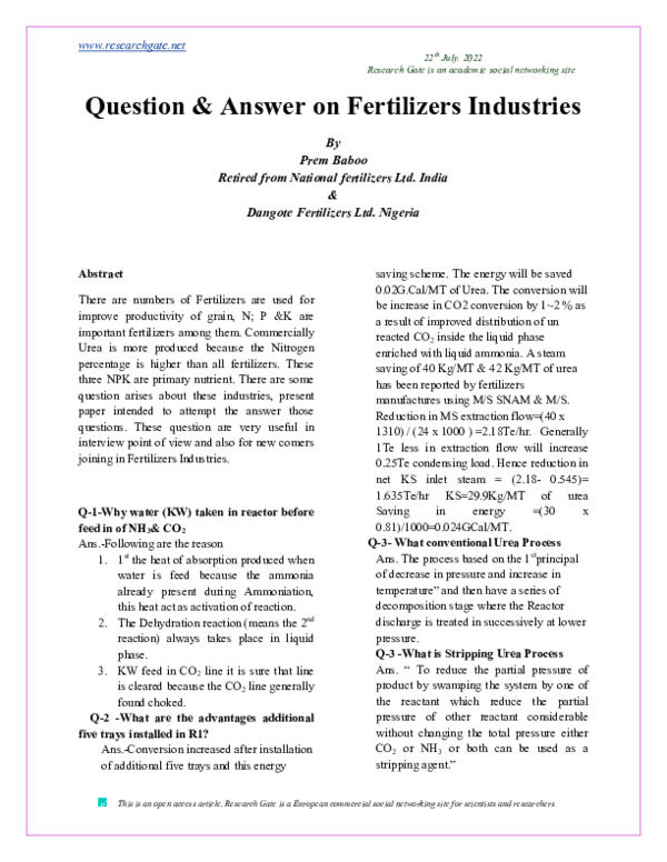 (PDF) Question & Answer on Fertilizers Industries