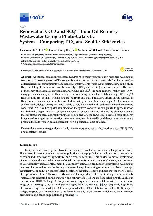 PDF) Removal of COD and SO42− from Oil Refinery Wastewater Using 