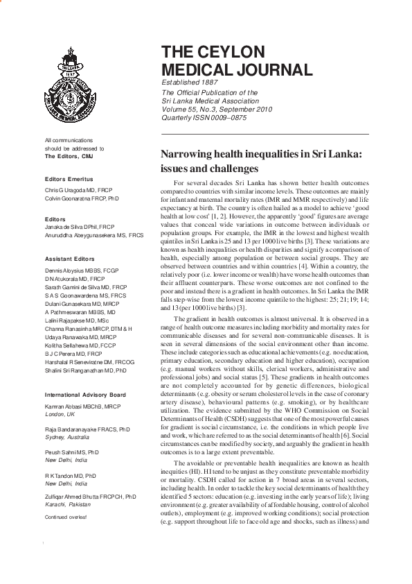 (PDF) Narrowing health inequalities in Sri Lanka: issues and challenges