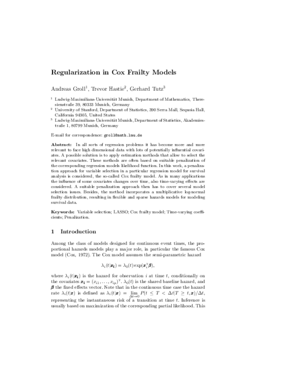 Pdf Regularization In Cox Frailty Models