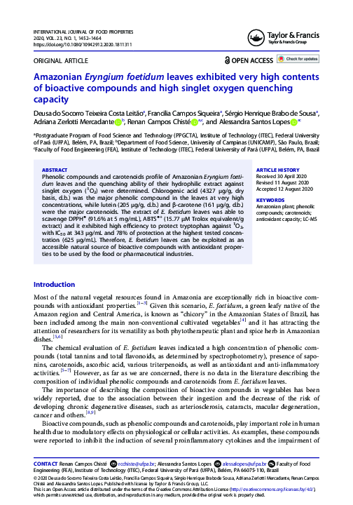 (PDF) Amazonian Eryngium foetidum leaves exhibited very high contents