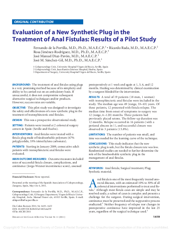 PDF) Evaluation of a New Synthetic Plug in the Treatment of Anal Fistulas:  Results of a Pilot Study