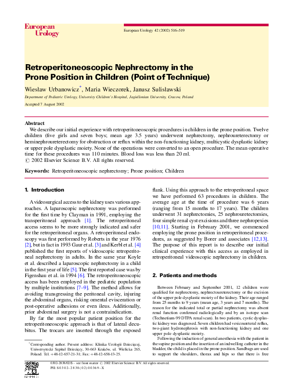 (PDF) Retroperitoneoscopic Nephrectomy in the Prone Position in ...
