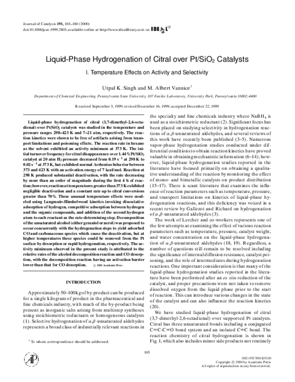 (PDF) Liquid-Phase Hydrogenation of Citral over Pt/SiO2 Catalysts