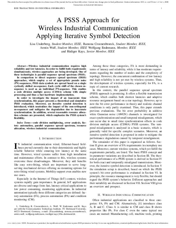 (PDF) A PSSS Approach for Wireless Industrial Communication Applying ...