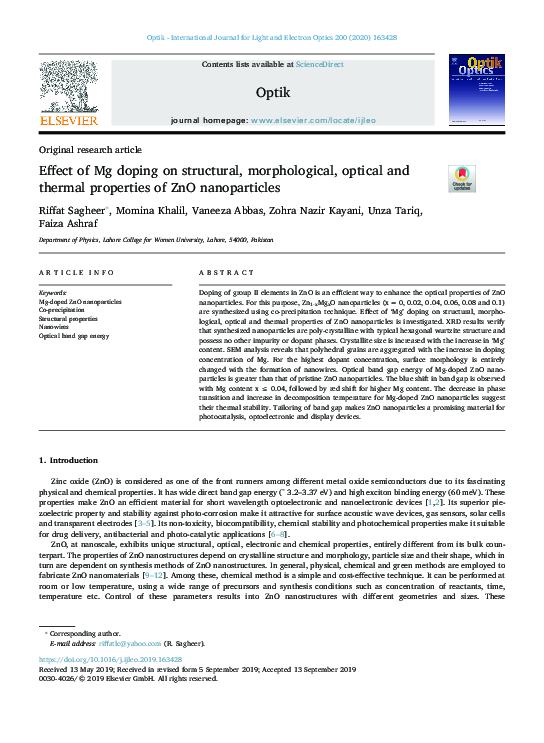 (PDF) Effect of Mg doping on structural, morphological, optical and ...