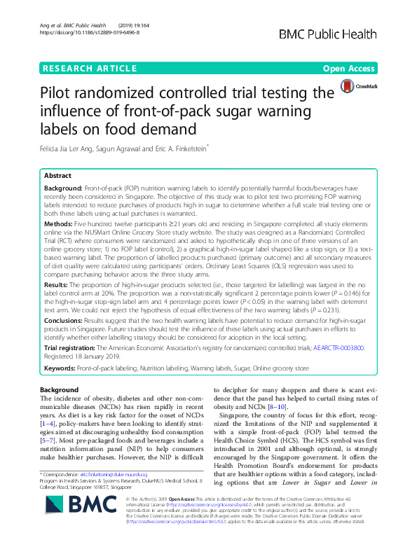 (PDF) Pilot randomized controlled trial testing the influence of front ...
