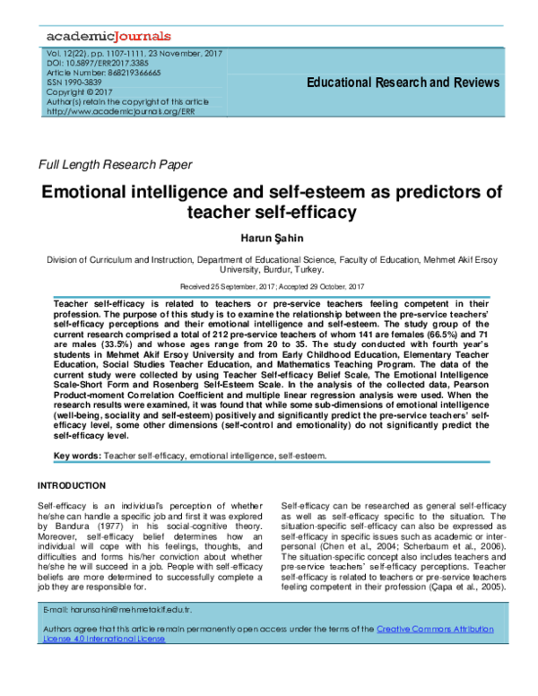 (PDF) Emotional intelligence and self-esteem as predictors of teacher ...
