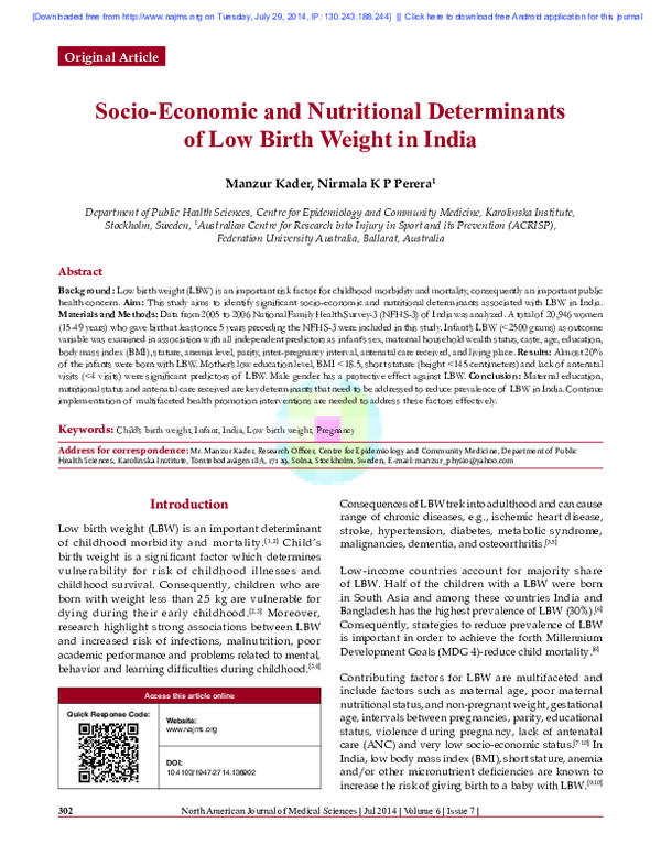 (PDF) Socio-economic and nutritional determinants of low birth weight ...