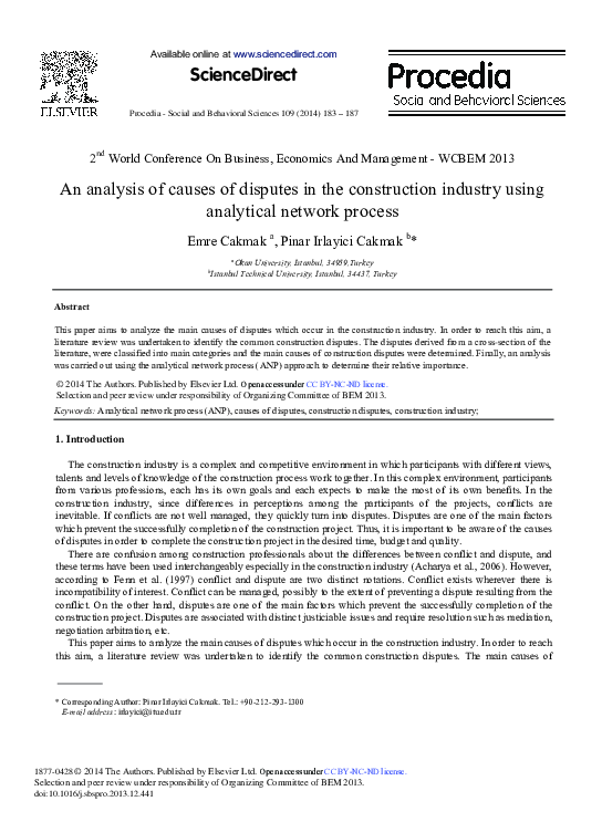 (PDF) An Analysis of Causes of Disputes in the Construction Industry ...