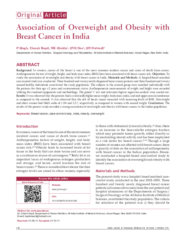 (PDF) Association of overweight and obesity with breast cancer in India