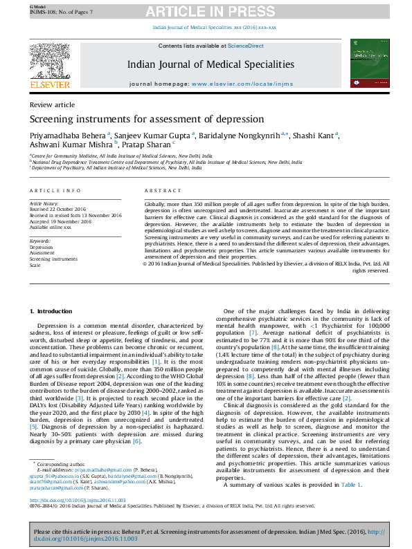 (PDF) Screening instruments for assessment of depression
