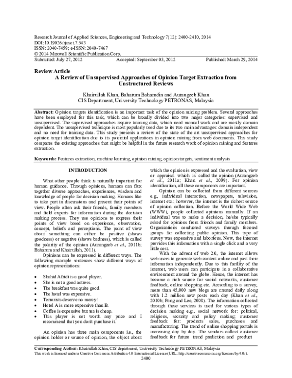 (PDF) A Review of Unsupervised Approaches of Opinion Target Extraction ...