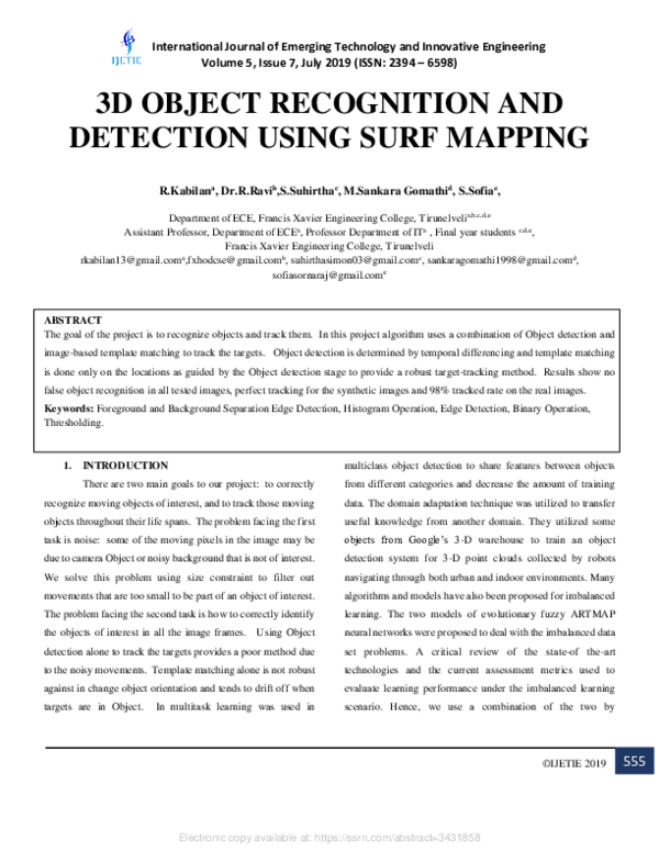 (PDF) 3D OBJECT RECOGNITION AND DETECTION USING SURF MAPPING