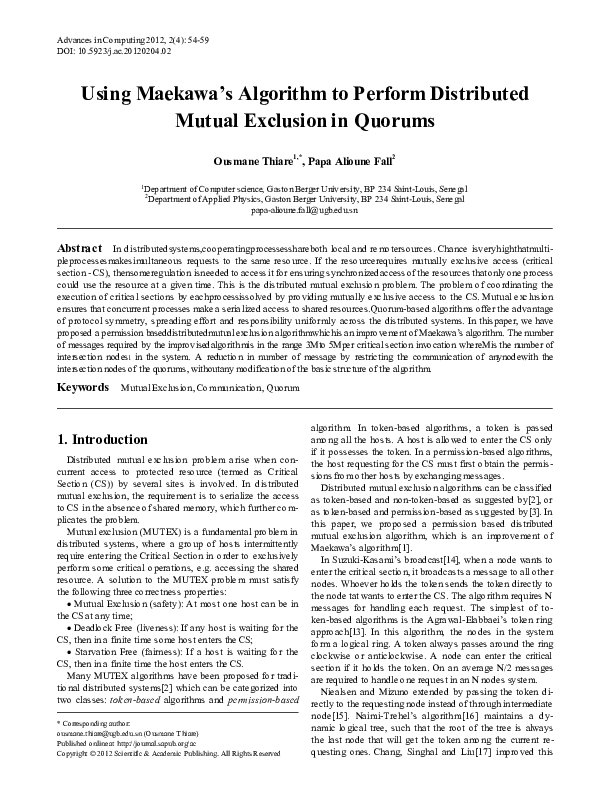 (PDF) Using Maekawa’s Algorithm to Perform Distributed Mutual Exclusion ...