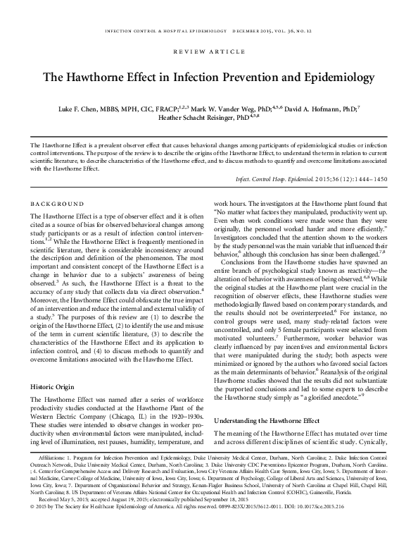 (PDF) The Hawthorne Effect in Infection Prevention and Epidemiology